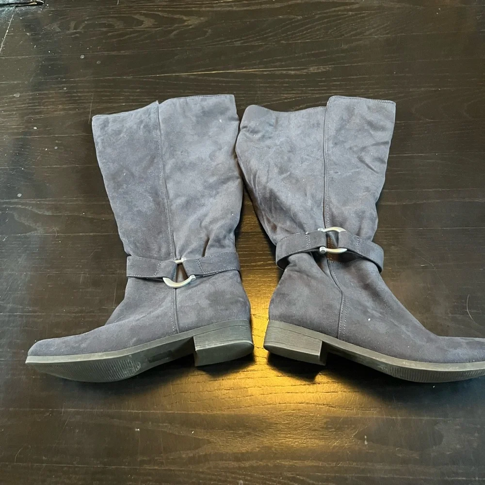 Gray Faux Suede Knee High Boots Wide Calf Moto Style Size 7